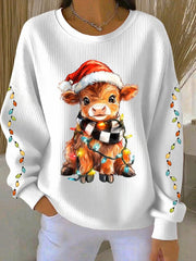 Women's Christmas Highland Cow Ribbed Round-Neck Sweatshirt