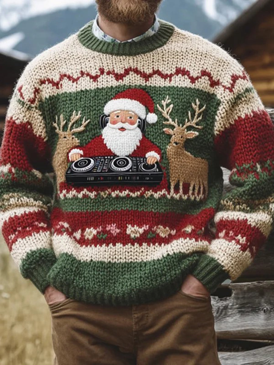 Men's Vintage Christmas Santa Claus Print Art Casual Knitted Sweater
