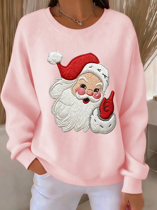 Women's Christmas Santa Claus Art Print Ribbed Round-Neck Sweatshirt