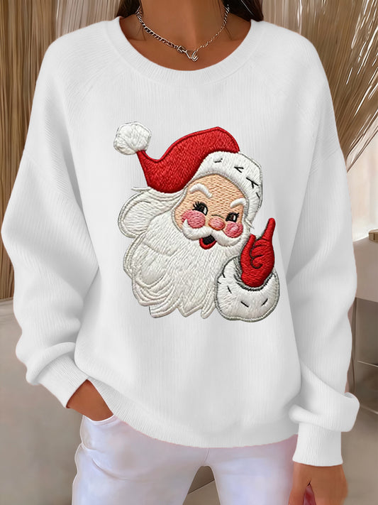 Women's Christmas Santa Claus Art Print Ribbed Round-Neck Sweatshirt