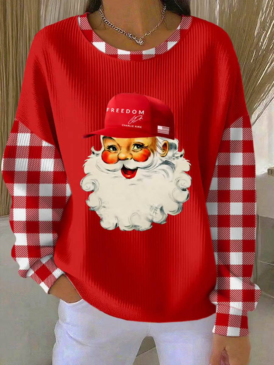 Women's Christmas Santa Claus Freedom Print Ribbed Round-Neck Sweatshirt