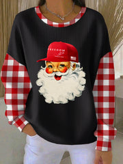 Women's Christmas Santa Claus Freedom Print Ribbed Round-Neck Sweatshirt
