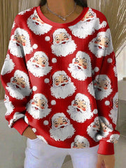 Women's Christmas Santa Claus Print Ribbed Round-Neck Sweatshirt
