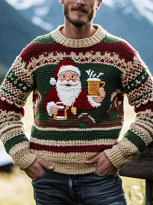Men's Vintage Christmas Santa Claus Print Art Casual Knitted Sweater