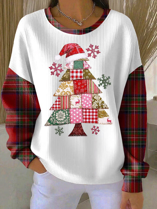 Women's Christmas Tree Print Ribbed Round-Neck Sweatshirt