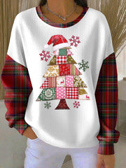 Women's Christmas Tree Print Ribbed Round-Neck Sweatshirt