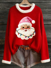 Women's Santa Claus Print Fur Collar Top