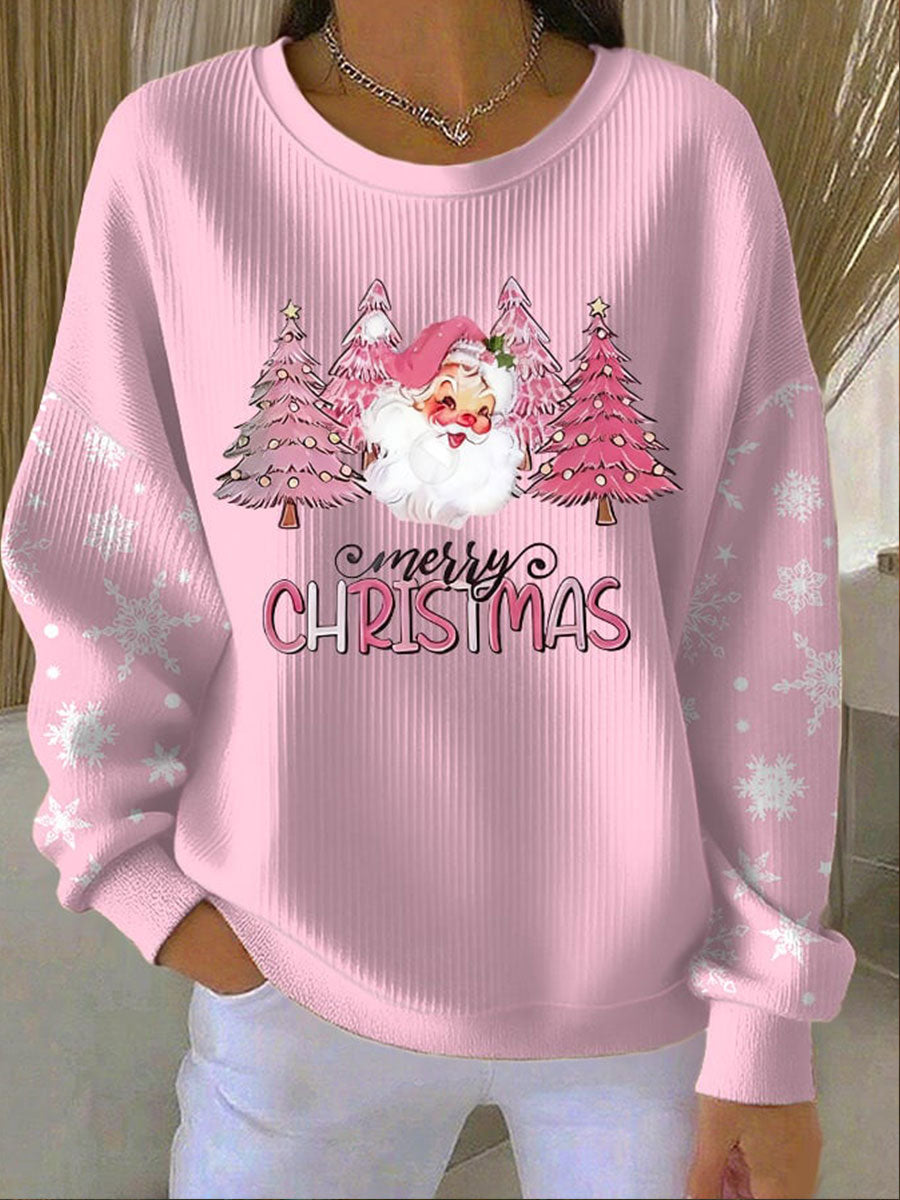 Women's Christmas Tree Santa Ribbed Round-Neck Sweatshirt