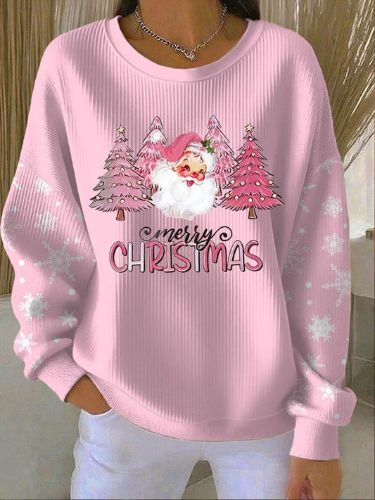Women's Christmas Tree Santa Ribbed Round-Neck Sweatshirt