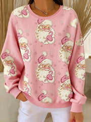 Women's Christmas Santa Claus Print Ribbed Round-Neck Sweatshirt