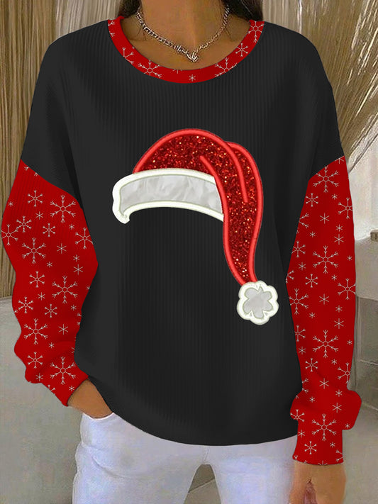 Women's Christmas Santa Claus Hat Print Ribbed Round-Neck Sweatshirt