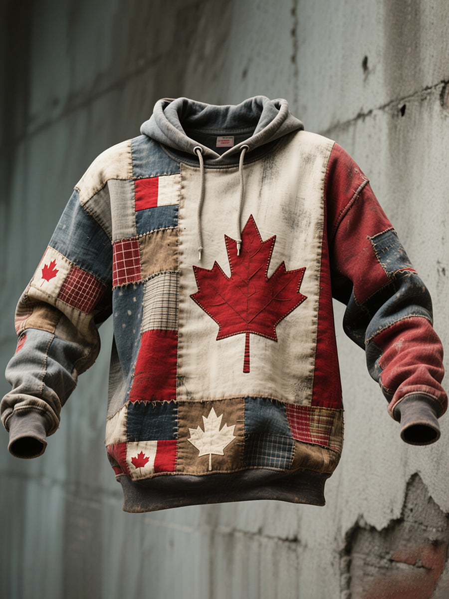 Men's Vintage Maple Leaf Pattern Patchwork Art Washed Hoodie