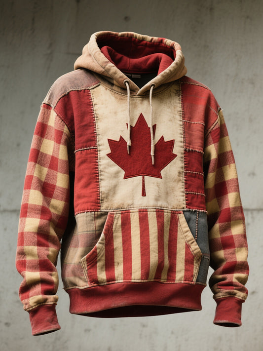 Men's Canadian Flag Inspired Patchwork Art Vintage Hoodie