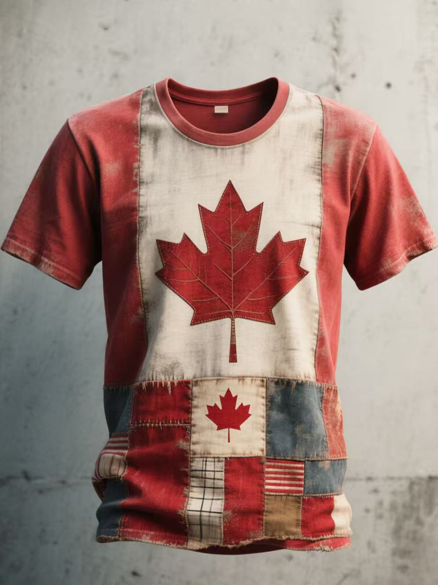 Men's Canadian Flag Inspired Patchwork Art Washed T-Shirt