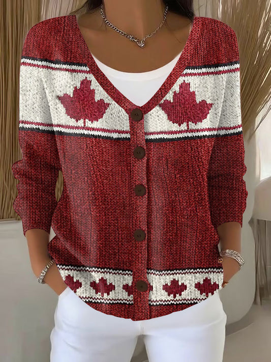 Women's Canadian Maple Leaf Print Casual Cardigan