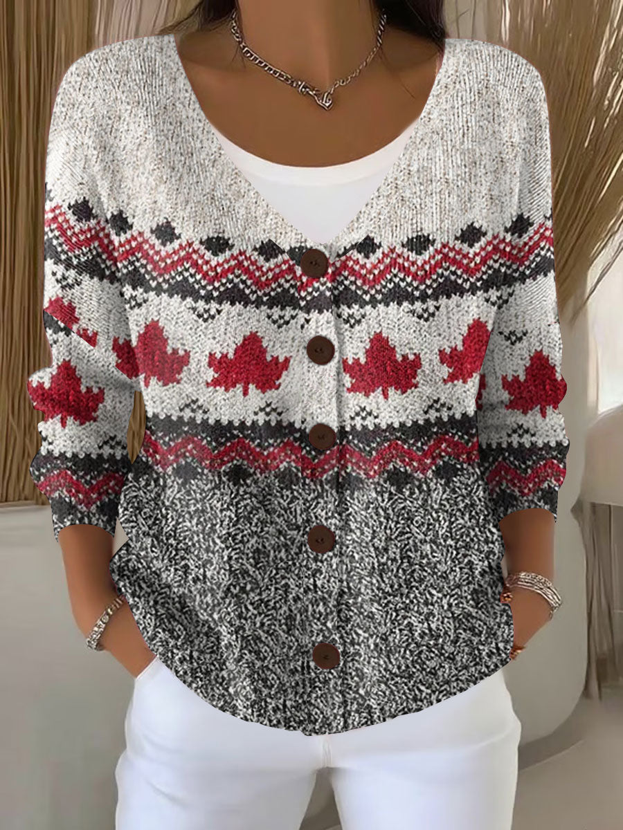 Women's Canadian Maple Leaf Print Casual Cardigan