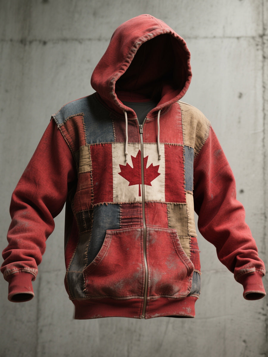 Men's Canadian Flag Inspired Patchwork Art Hooded Cardigan