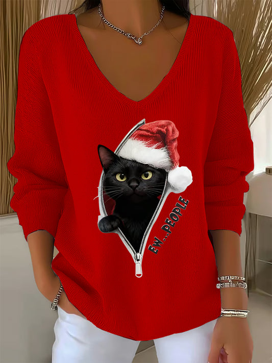 Women's Christmas Funny Black Cat V-Neck Ribbed Top