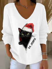 Women's Christmas Funny Black Cat V-Neck Ribbed Top
