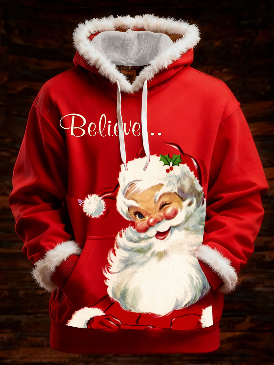 Men's Santa Claus Print Hoodie With Fur Collar