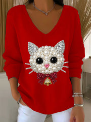 Women's Christmas Cat Art V-Neck Ribbed Top