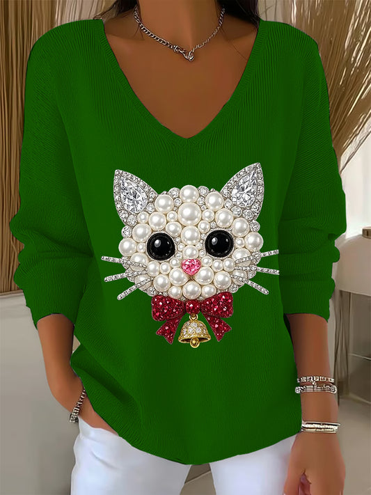 Women's Christmas Cat Art V-Neck Ribbed Top