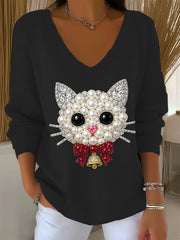 Women's Christmas Cat Art V-Neck Ribbed Top