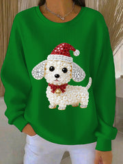 Women's Christmas Dog Art Ribbed Round-Neck Sweatshirt