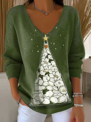Women's Christmas Funny Cat Christmas Tree V-Neck Ribbed Top
