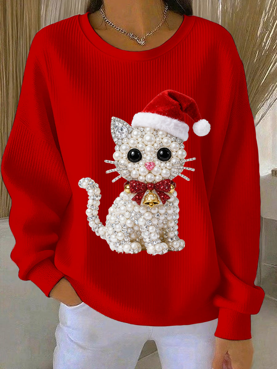 Women's Christmas Cat Art Ribbed Round-Neck Sweatshirt
