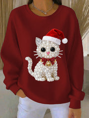 Women's Christmas Cat Art Ribbed Round-Neck Sweatshirt