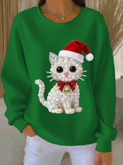 Women's Christmas Cat Art Ribbed Round-Neck Sweatshirt