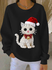 Women's Christmas Cat Art Ribbed Round-Neck Sweatshirt