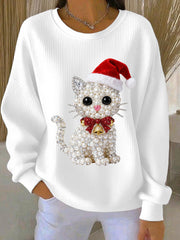 Women's Christmas Cat Art Ribbed Round-Neck Sweatshirt