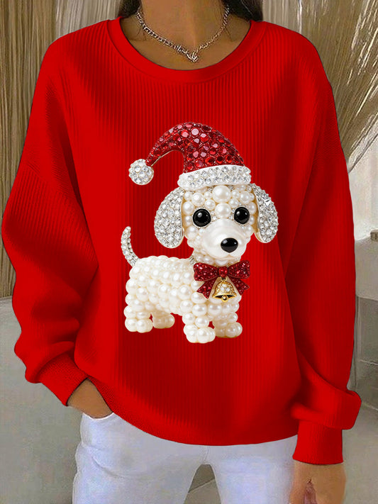 Women's Christmas Dog Art Ribbed Round-Neck Sweatshirt