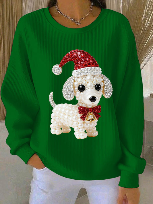 Women's Christmas Dog Art Ribbed Round-Neck Sweatshirt