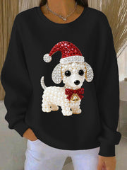 Women's Christmas Dog Art Ribbed Round-Neck Sweatshirt
