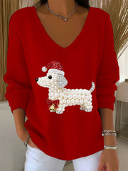 Women's Christmas Dog Art  V-Neck Ribbed Top