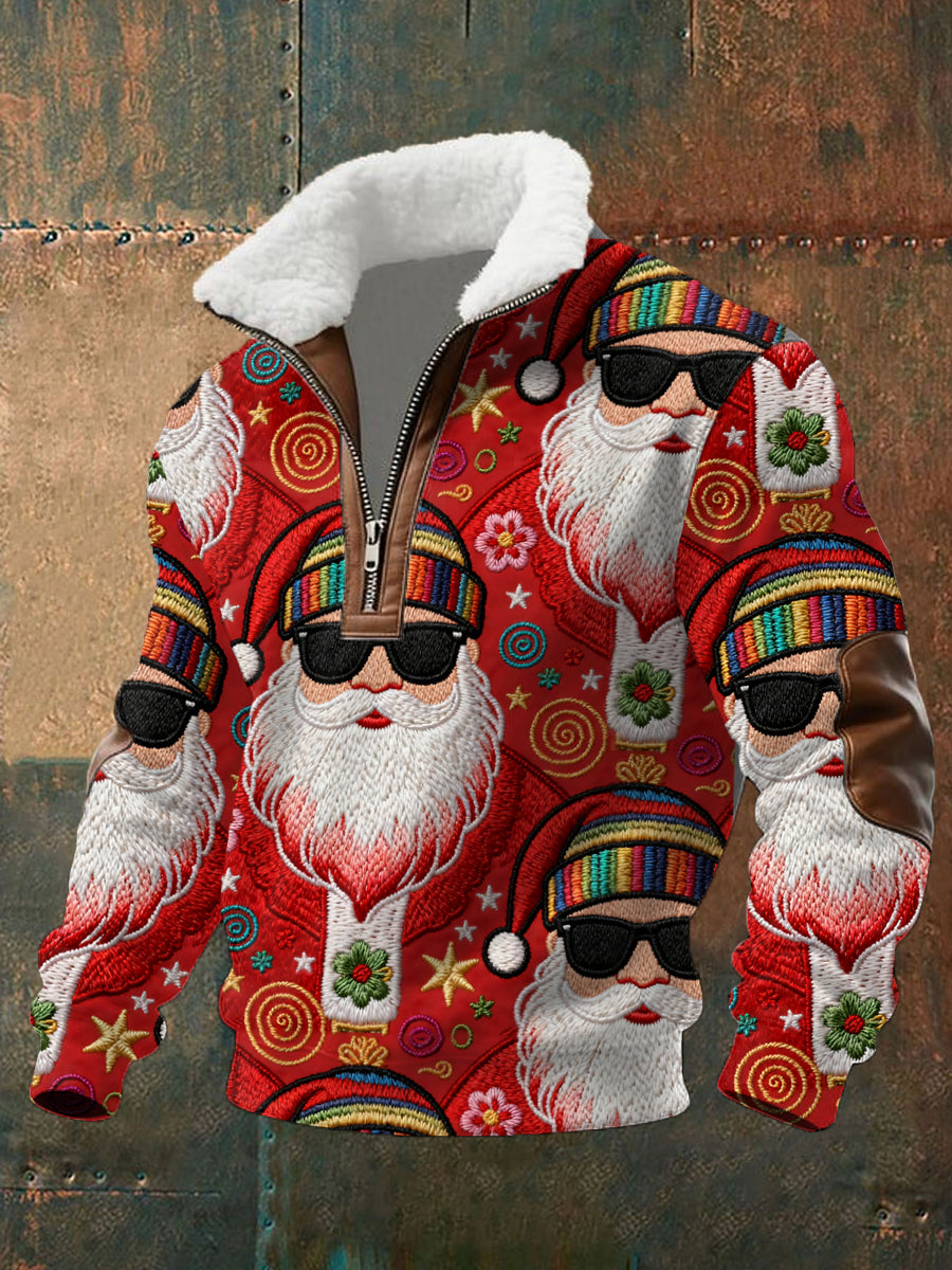 Men's Retro Groovy Hippie Santa Print Casual Zipper Fur-Collar Pullover