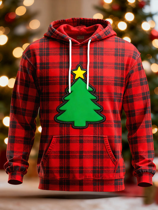 Men's Red Plaid Christmas Tree Print Casual Hoodie