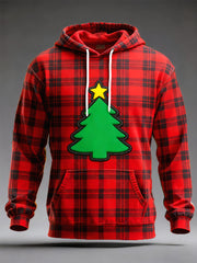 Men's Red Plaid Christmas Tree Print Casual Hoodie