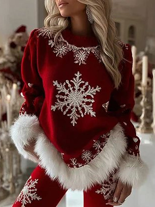 Women's Christmas Snowflake Print Plush Panel Top