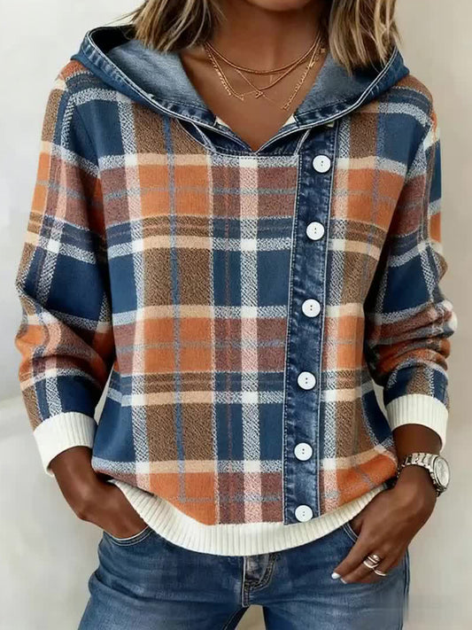 Women's Vintage Plaid Pattern Patchwork Art Hoodie