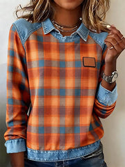 Women's Fall Plaid Pattern Patchwork Art Sweatshirt