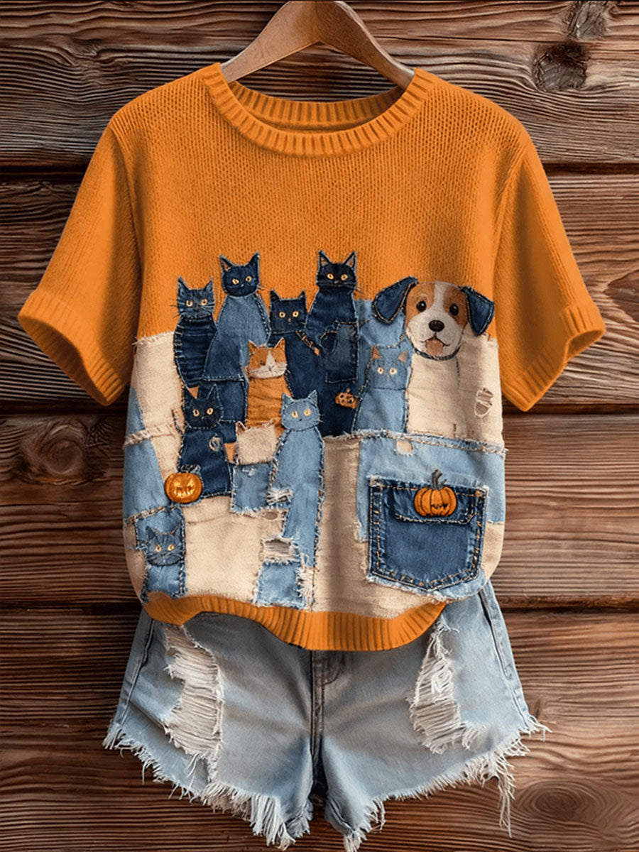 Women's Cute Stacked Cats And Dogs Short-sleeved T-shirt