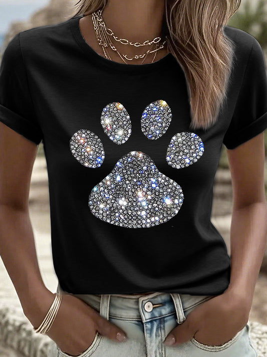Women's Shiny Rhinestone Paw Pattern T-Shirt