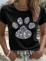 Women's Shiny Rhinestone Paw Pattern T-Shirt