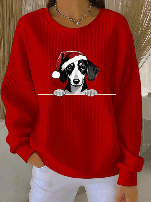 Women's Christmas Hat Dachshund Ribbed Round-Neck Sweatshirt