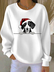 Women's Christmas Hat Dachshund Ribbed Round-Neck Sweatshirt