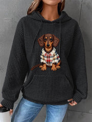 Women's Dog Art Print Checkered Hoodie